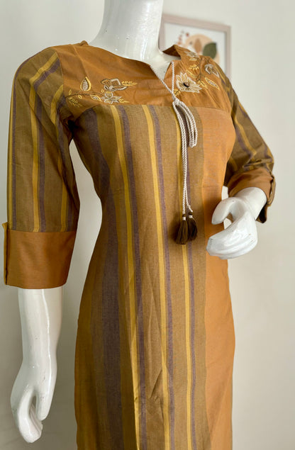 Violet and Yellow Striped Handloom Cotton Kurta Set