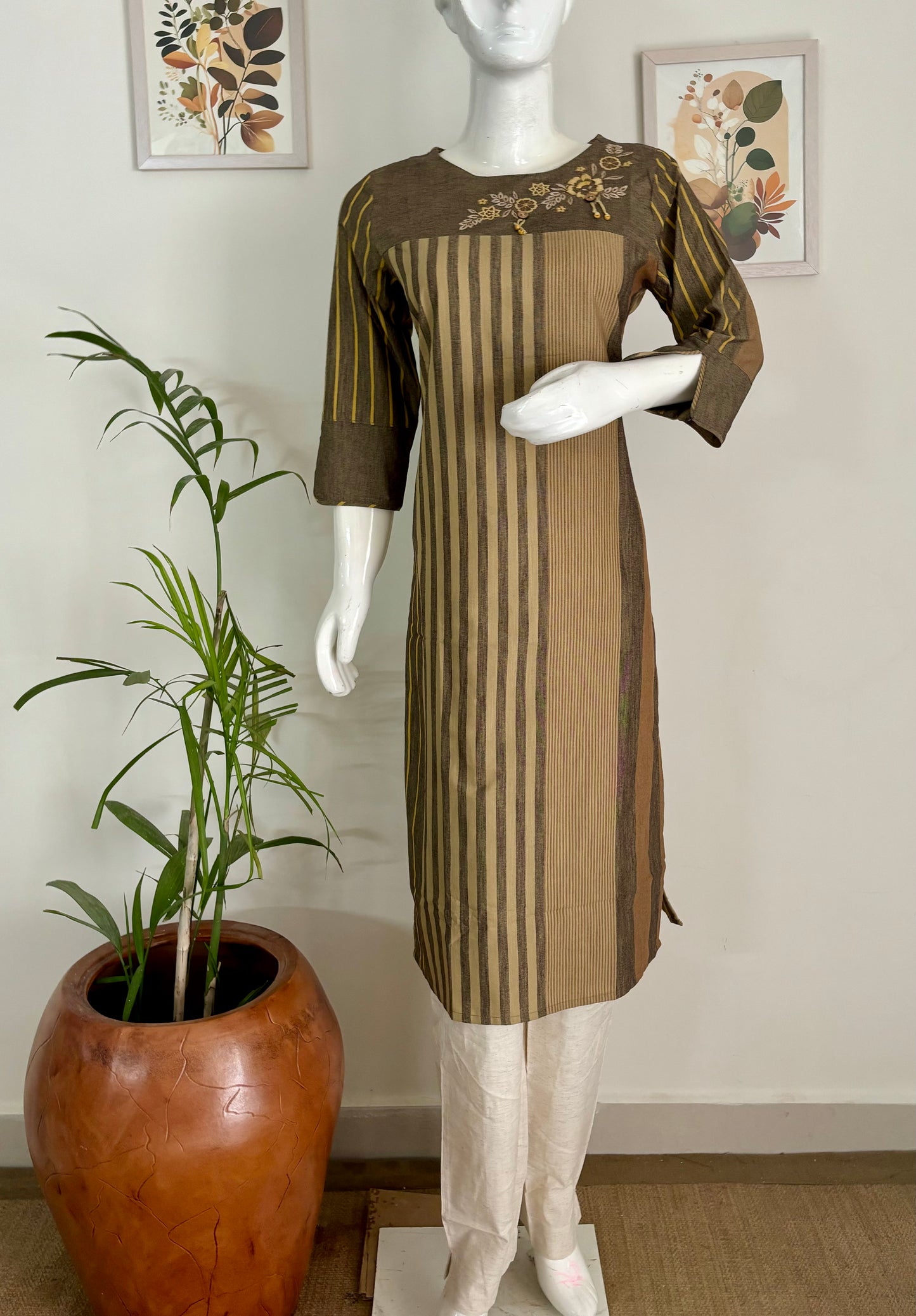 Brown Handloom Cotton Kurta Set with Embroidery