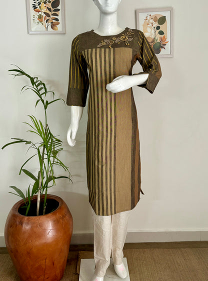 Brown Handloom Cotton Kurta Set with Embroidery