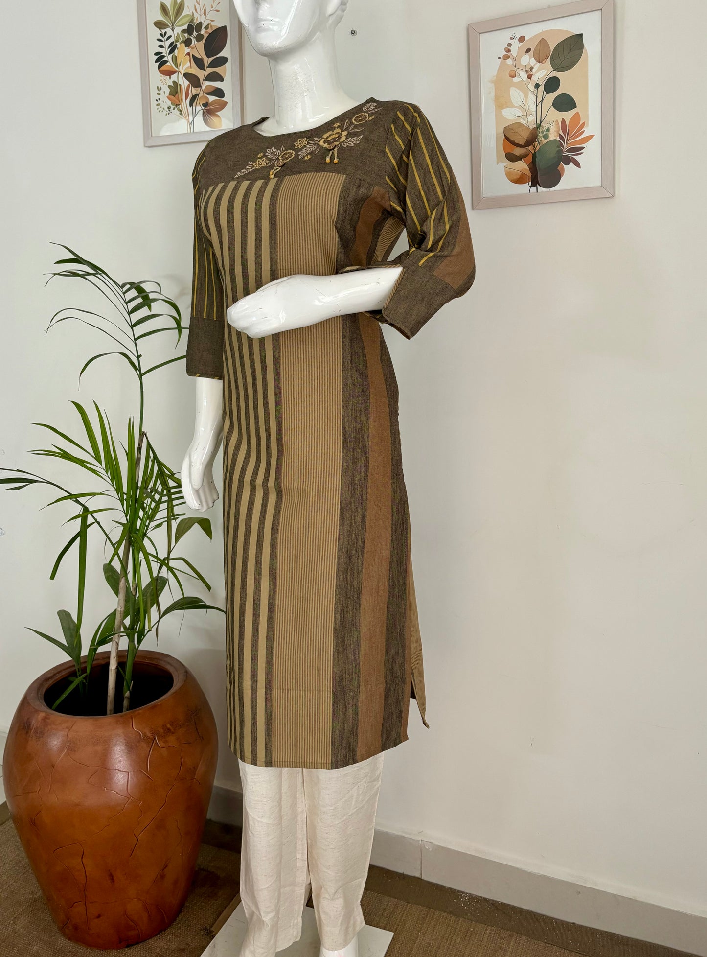 Brown Handloom Cotton Kurta Set with Embroidery