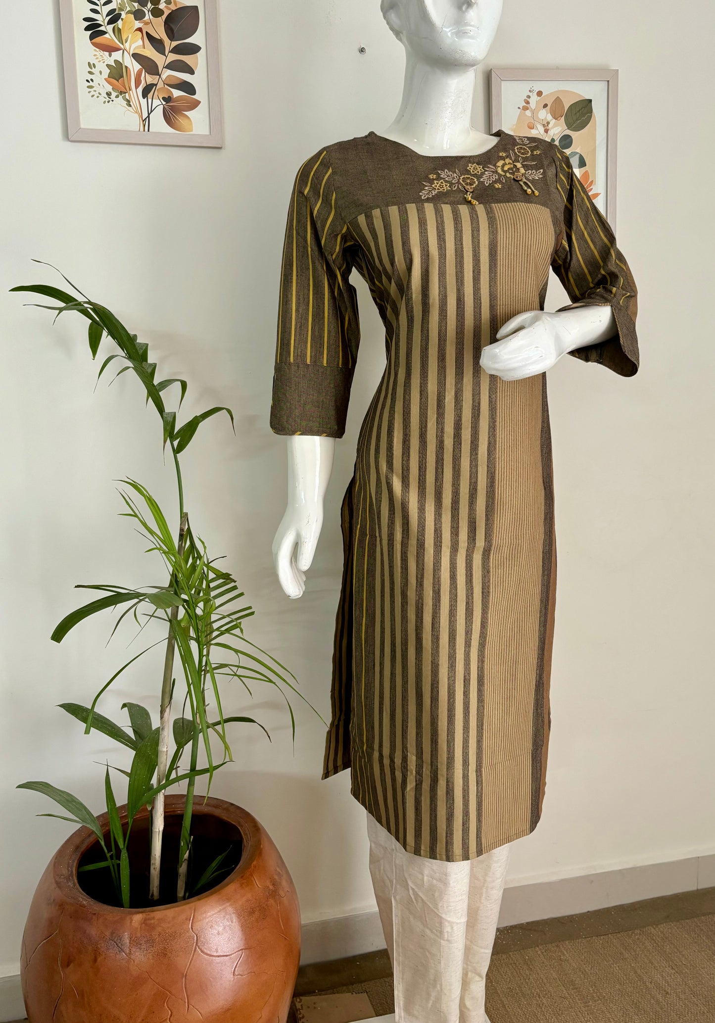 Brown Handloom Cotton Kurta Set with Embroidery