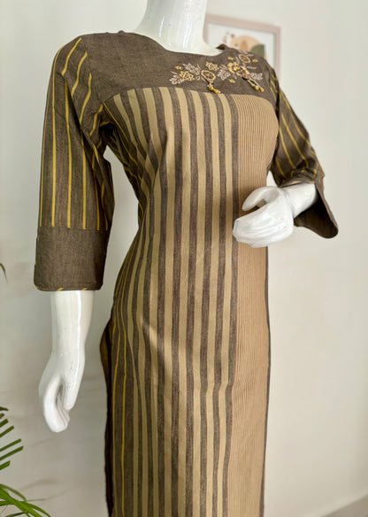 Brown Handloom Cotton Kurta Set with Embroidery