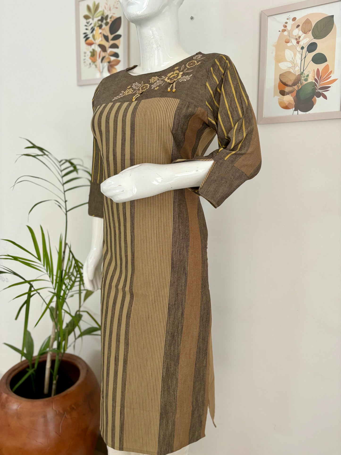 Brown Handloom Cotton Kurta Set with Embroidery