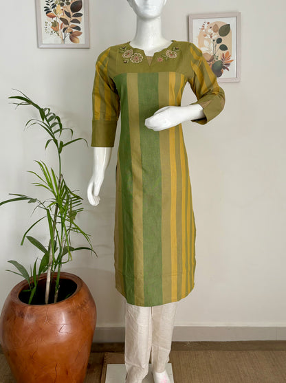 Green Handloom Cotton Kurta Set