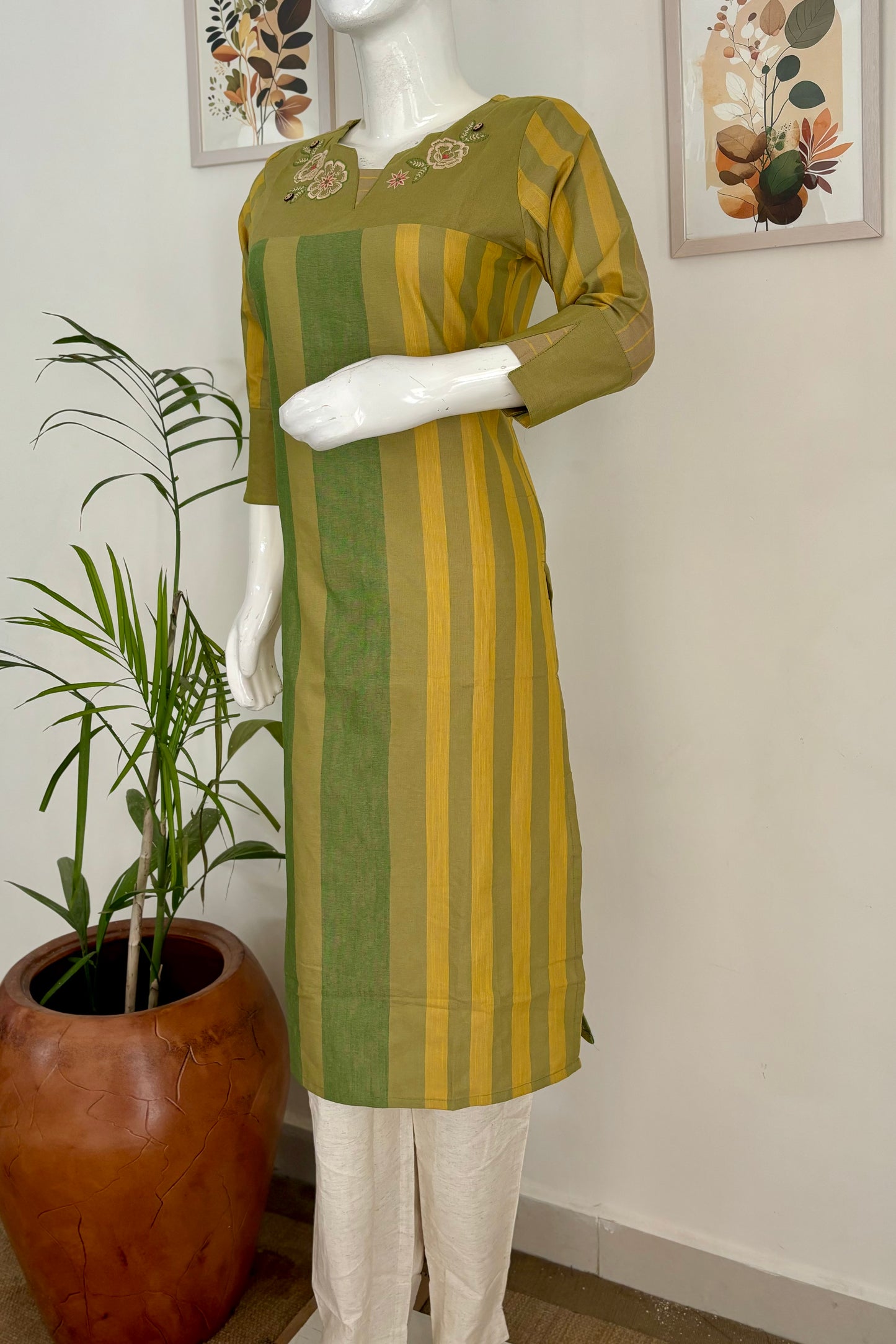 Green Handloom Cotton Kurta Set