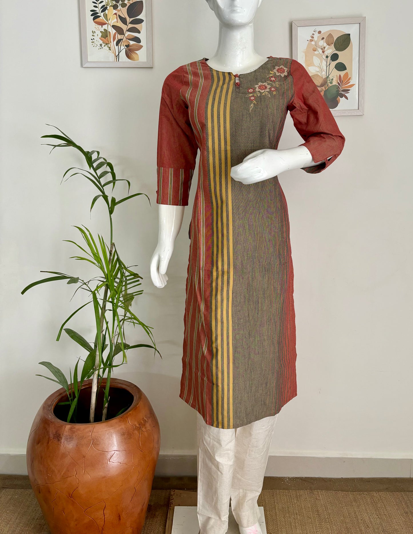 Redish Handloom Cotton Kurta Set