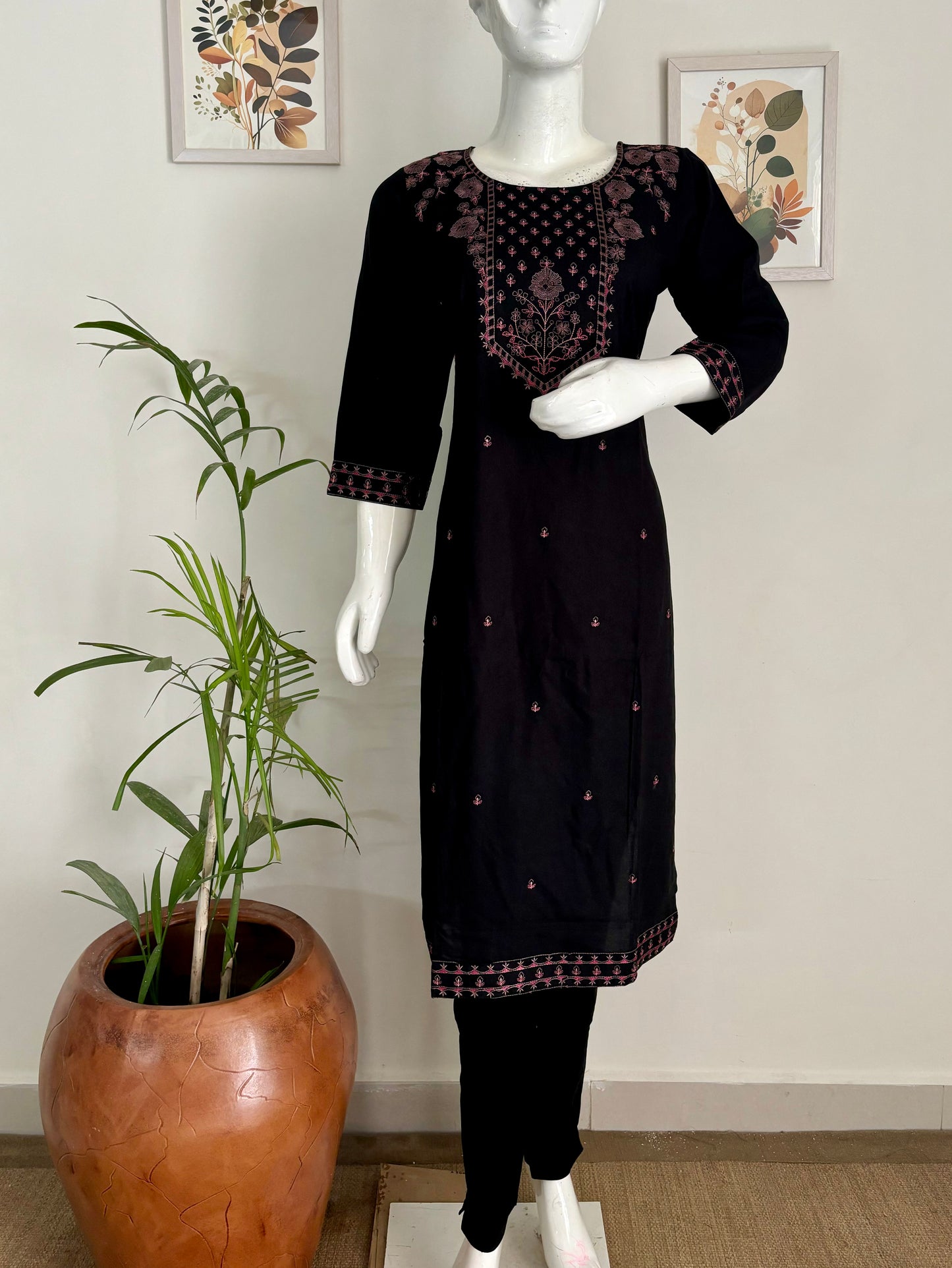 Black Cotton Kurta Set with Pink Thread Embroidery