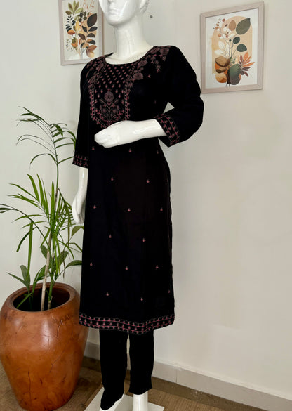 Black Cotton Kurta Set with Pink Thread Embroidery