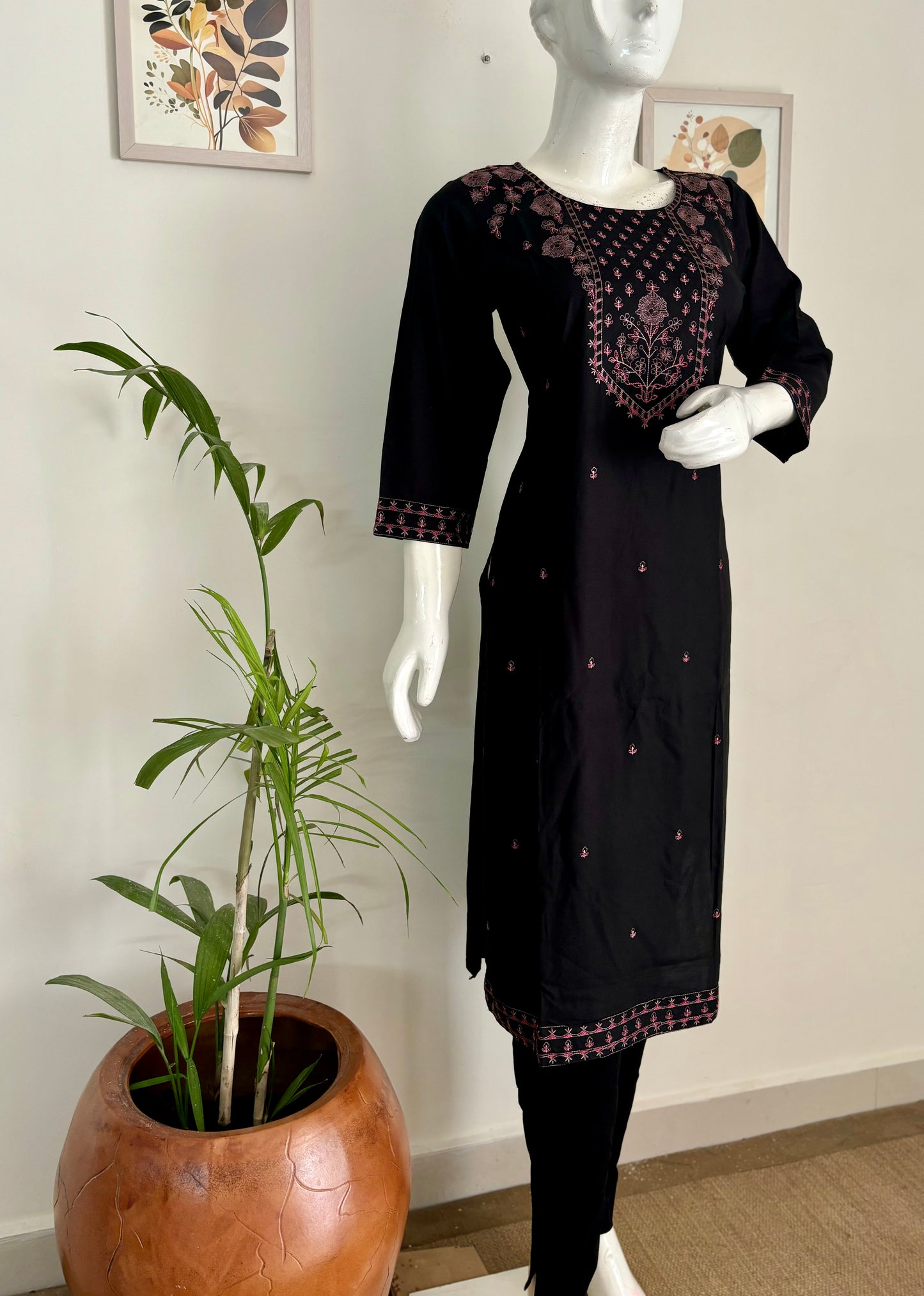 Black Cotton Kurta Set with Pink Thread Embroidery