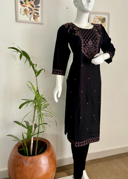 Black Cotton Kurta Set with Pink Thread Embroidery