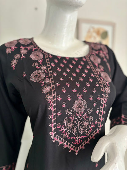 Black Cotton Kurta Set with Pink Thread Embroidery