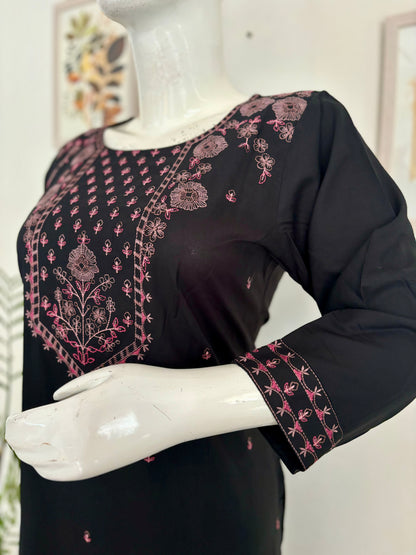 Black Cotton Kurta Set with Pink Thread Embroidery