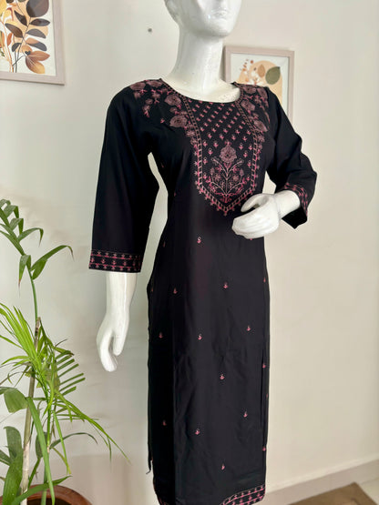 Black Cotton Kurta Set with Pink Thread Embroidery