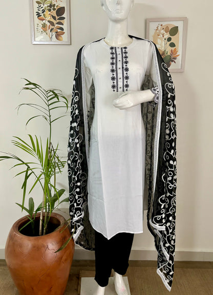 White Cotton Kurta Set with Black Embroidery