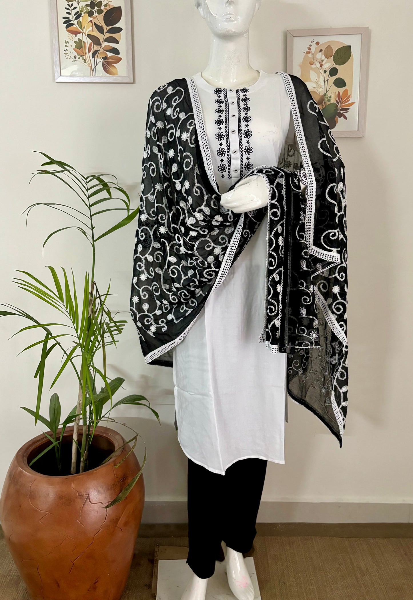 White Cotton Kurta Set with Black Embroidery