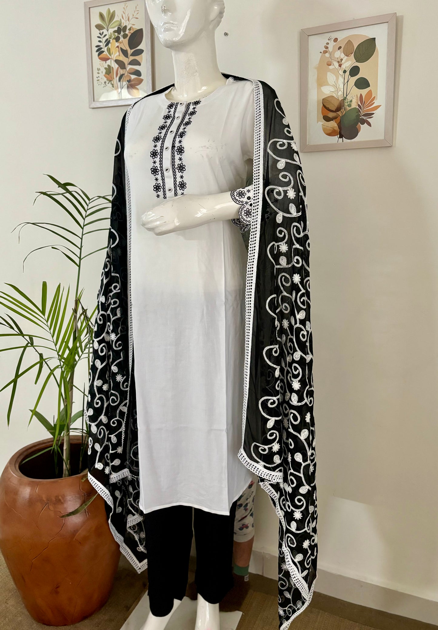 White Cotton Kurta Set with Black Embroidery