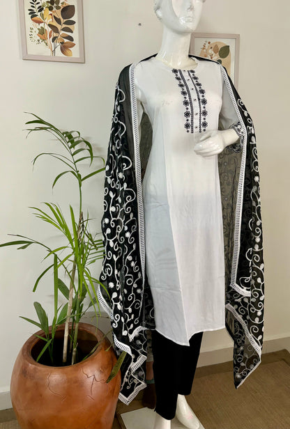 White Cotton Kurta Set with Black Embroidery