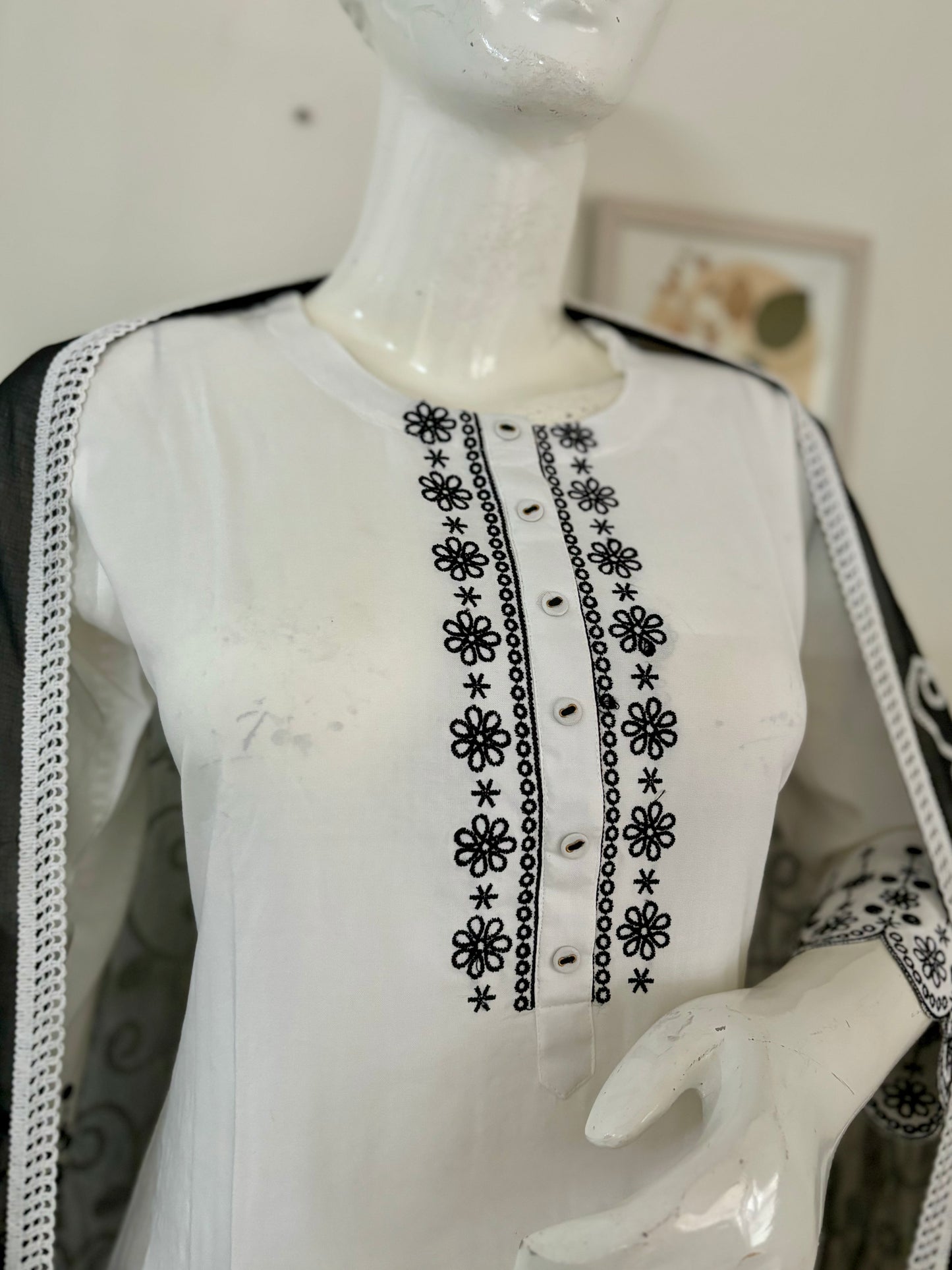 White Cotton Kurta Set with Black Embroidery