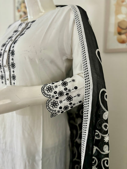 White Cotton Kurta Set with Black Embroidery