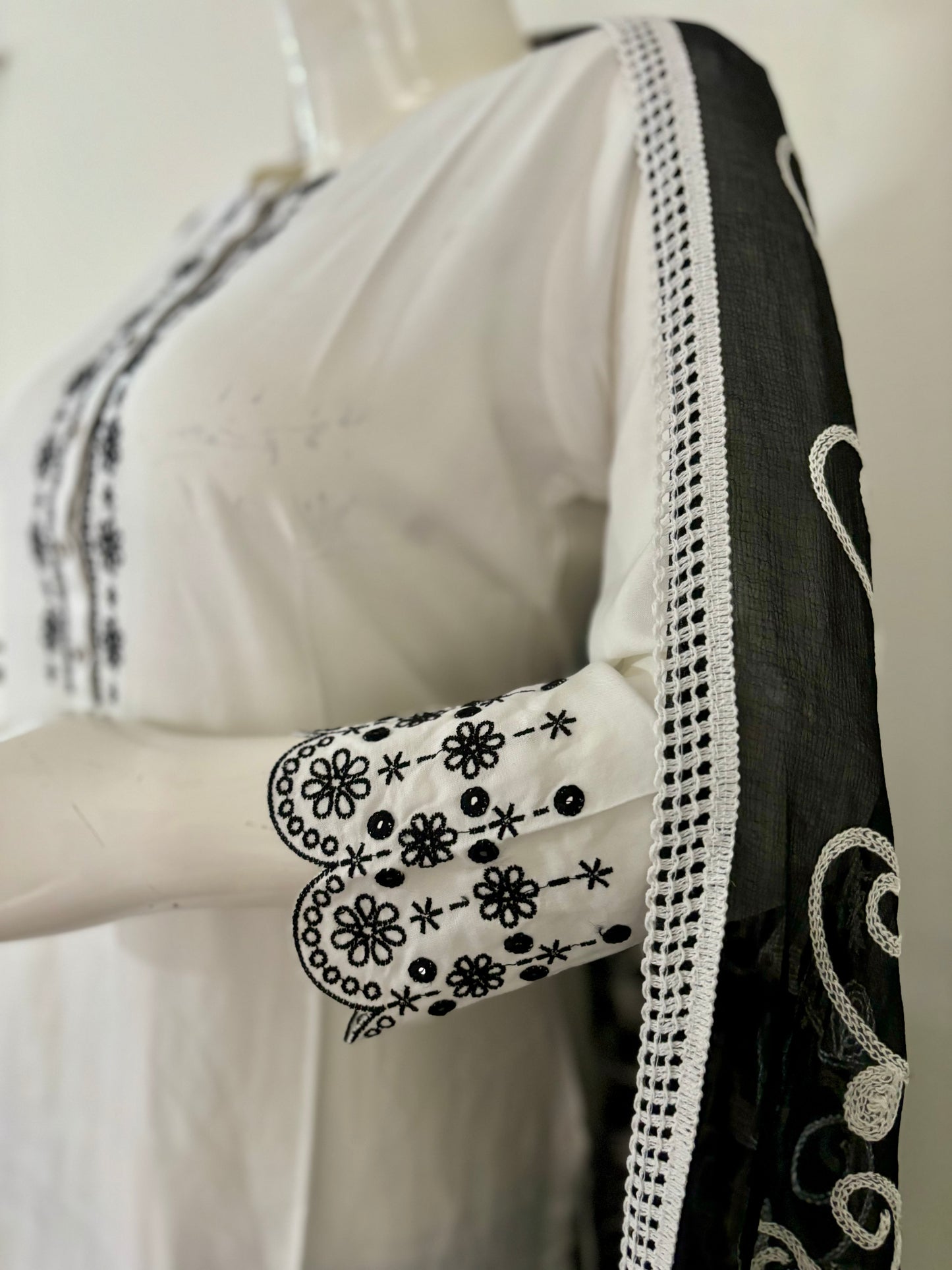 White Cotton Kurta Set with Black Embroidery