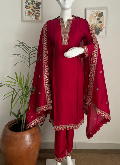 Rose Red Silk Kurta Set with Golden Cutwork Embroidery