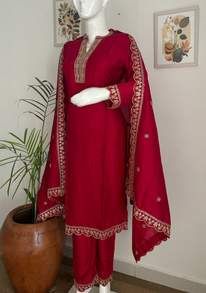 Rose Red Silk Kurta Set with Golden Cutwork Embroidery