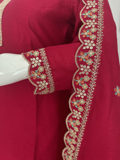 Rose Red Silk Kurta Set with Golden Cutwork Embroidery