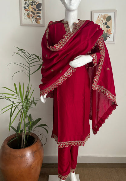 Rose Red Silk Kurta Set with Golden Cutwork Embroidery