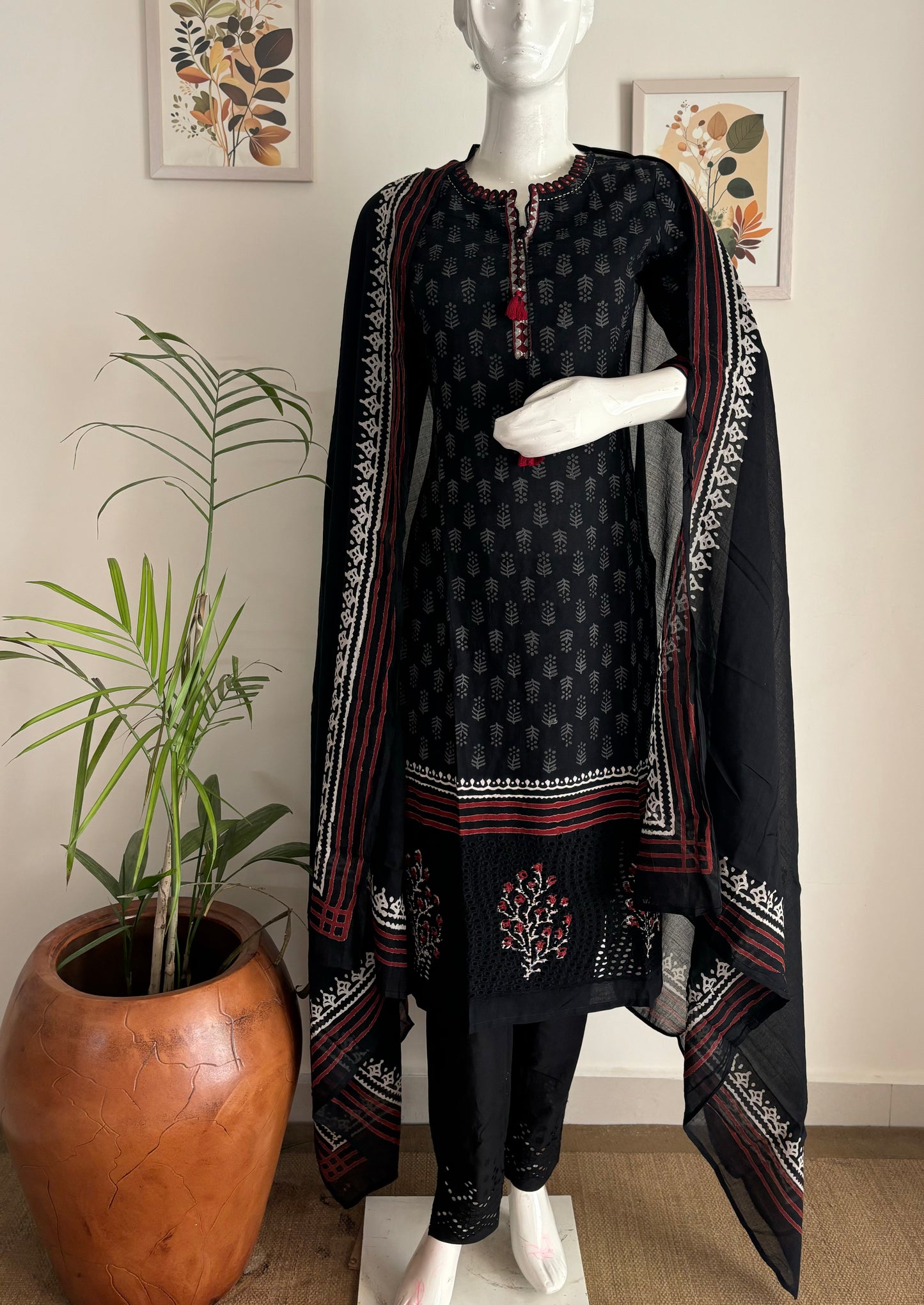 Black Cotton Handblock Suit Set