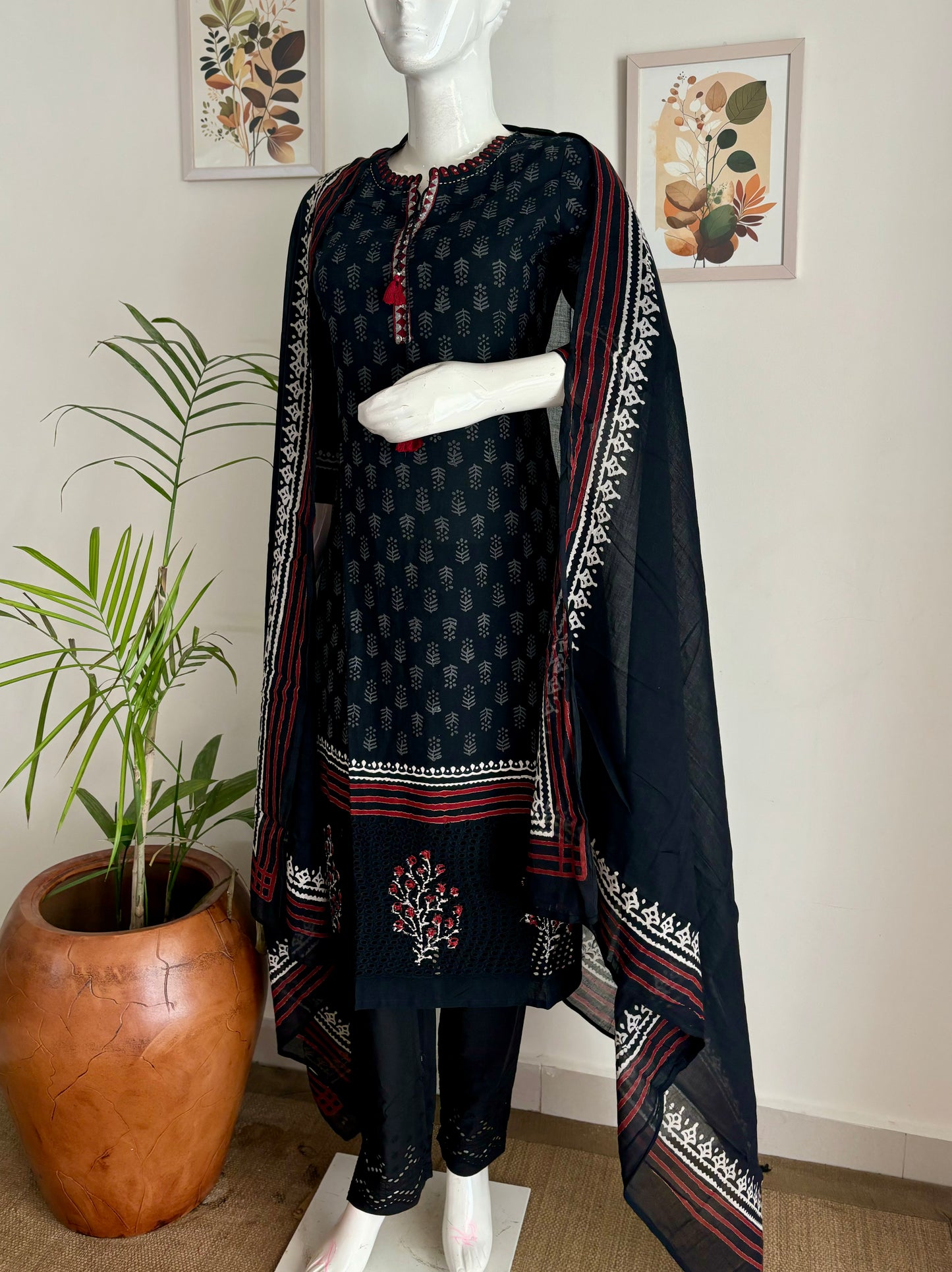 Black Cotton Handblock Suit Set