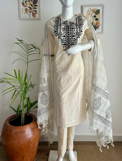 Off-White Handloom Cotton Schifli Suit Set