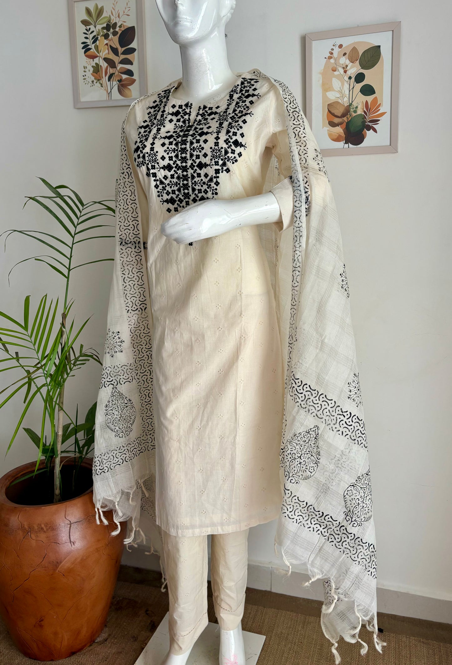 Off-White Handloom Cotton Schifli Suit Set