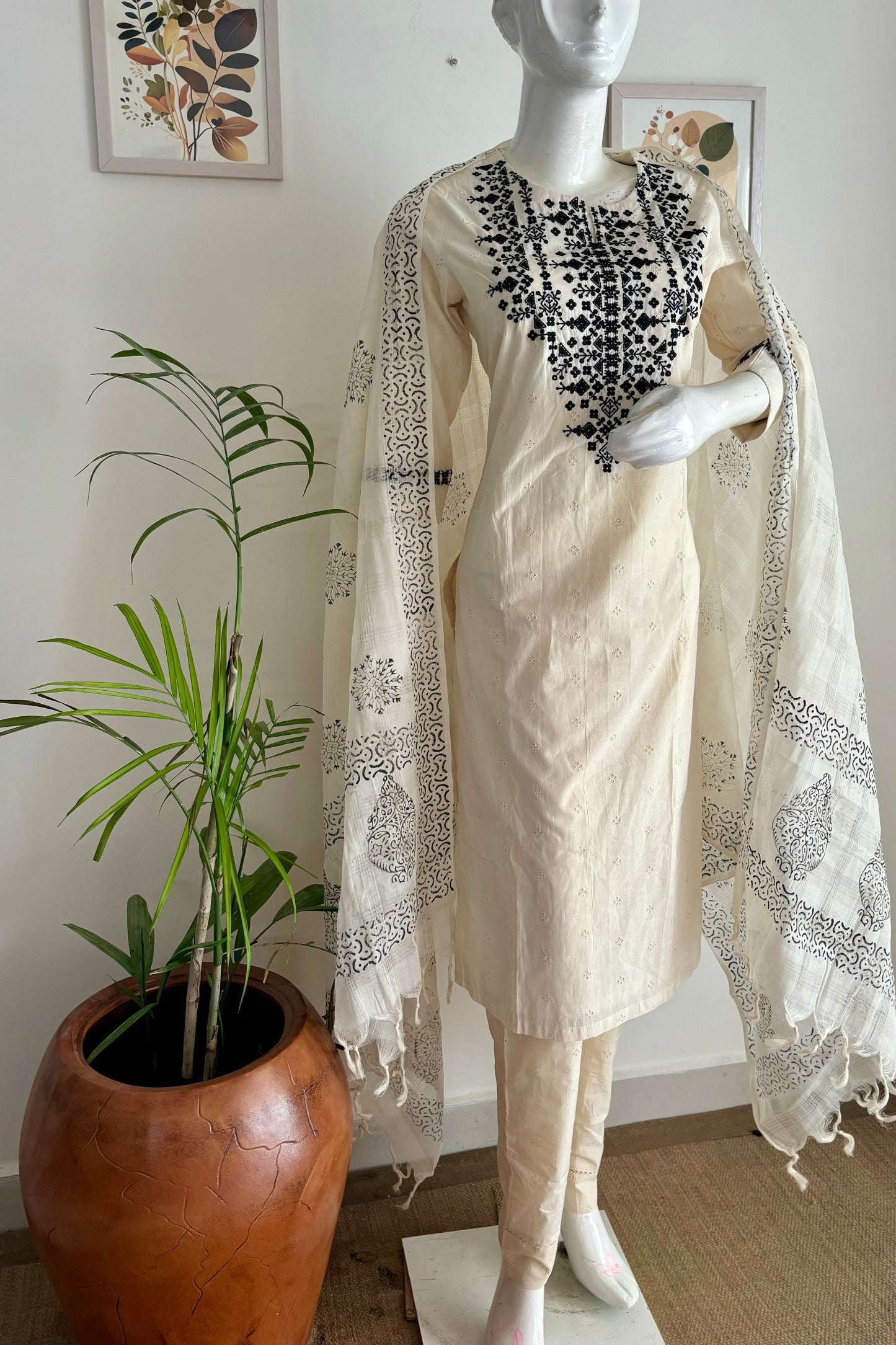 Off-White Handloom Cotton Schifli Suit Set