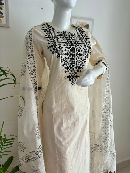 Off-White Handloom Cotton Schifli Suit Set