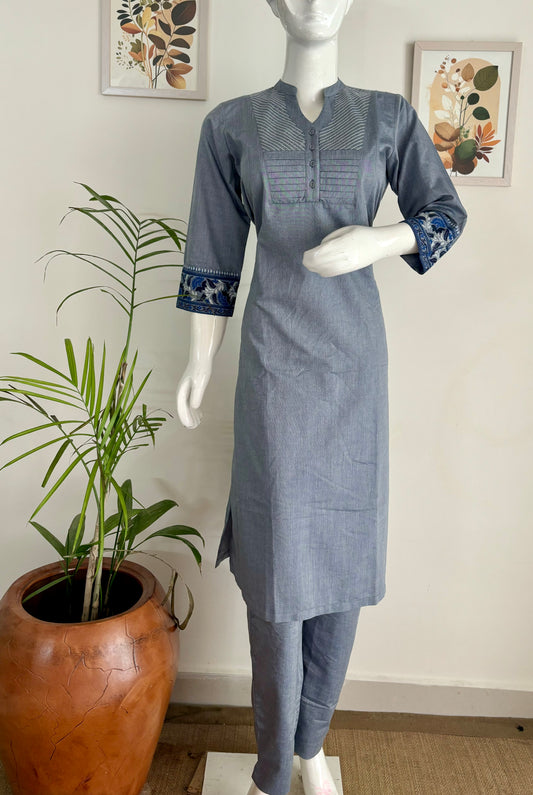 Grey Khadi Cotton Kurta Set