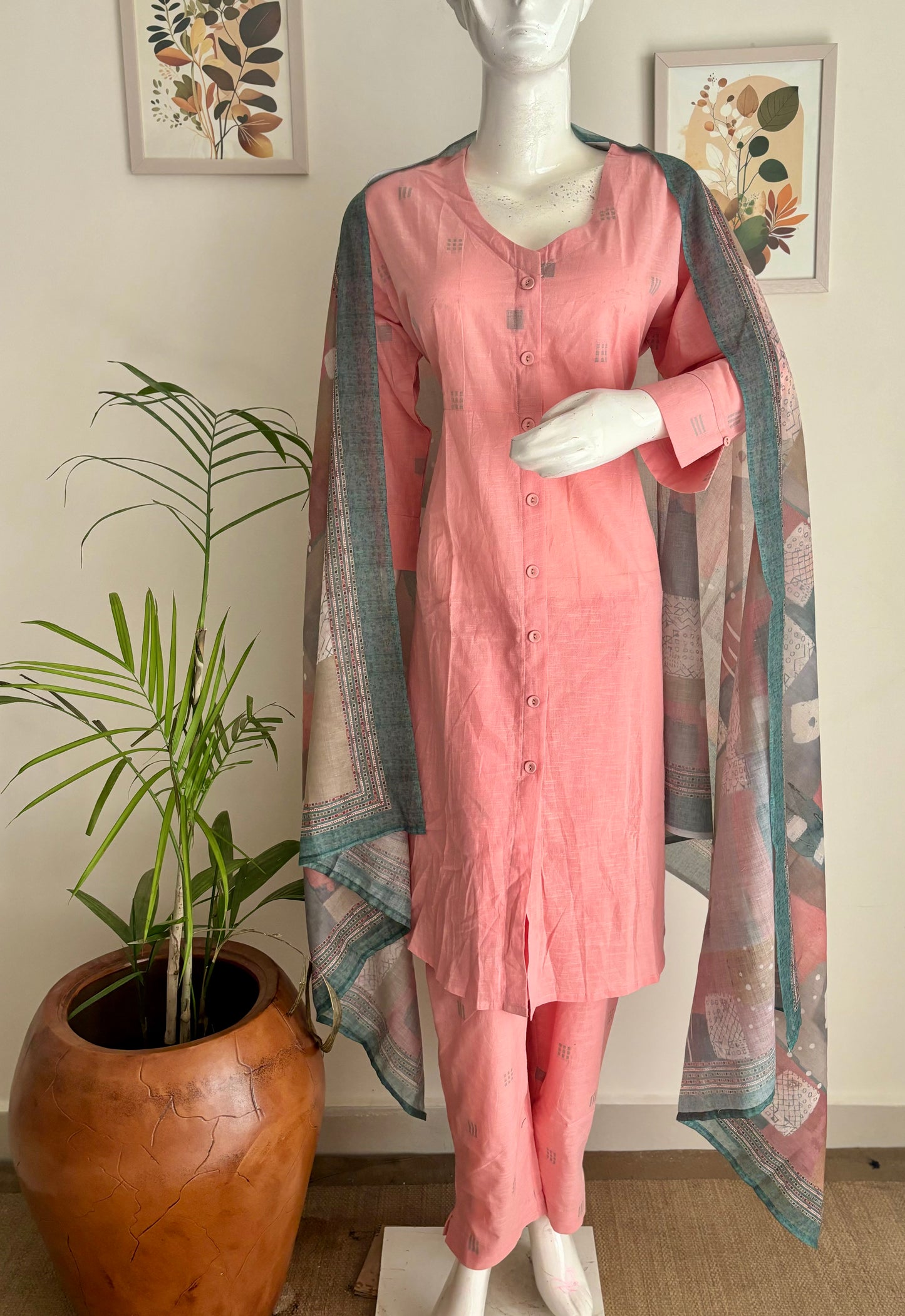 Peach Pink Handloom Cotton A-Line Kurta Set