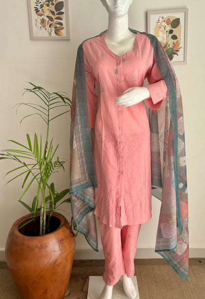 Peach Pink Handloom Cotton A-Line Kurta Set