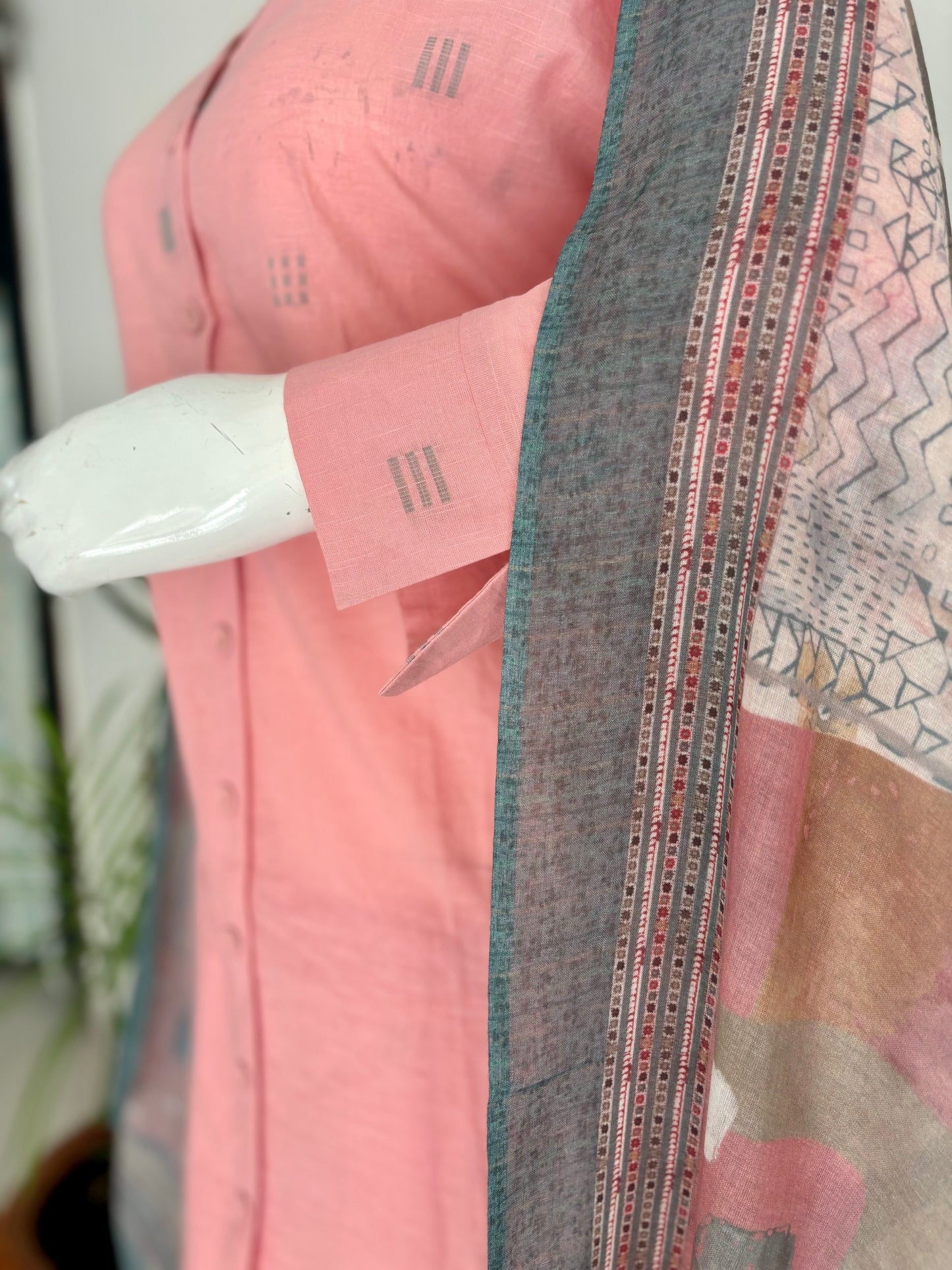 Peach Pink Handloom Cotton A-Line Kurta Set