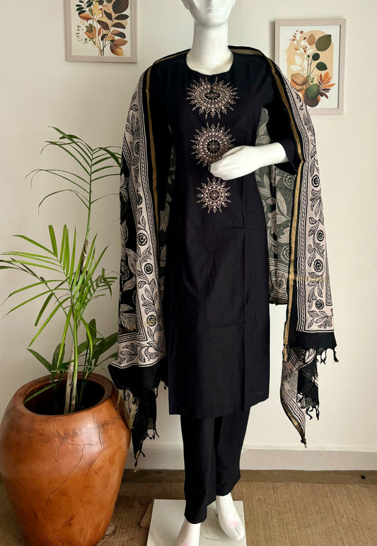 Black Handloom Cotton A-Line Kurta Set with Kalamkari Dupatta