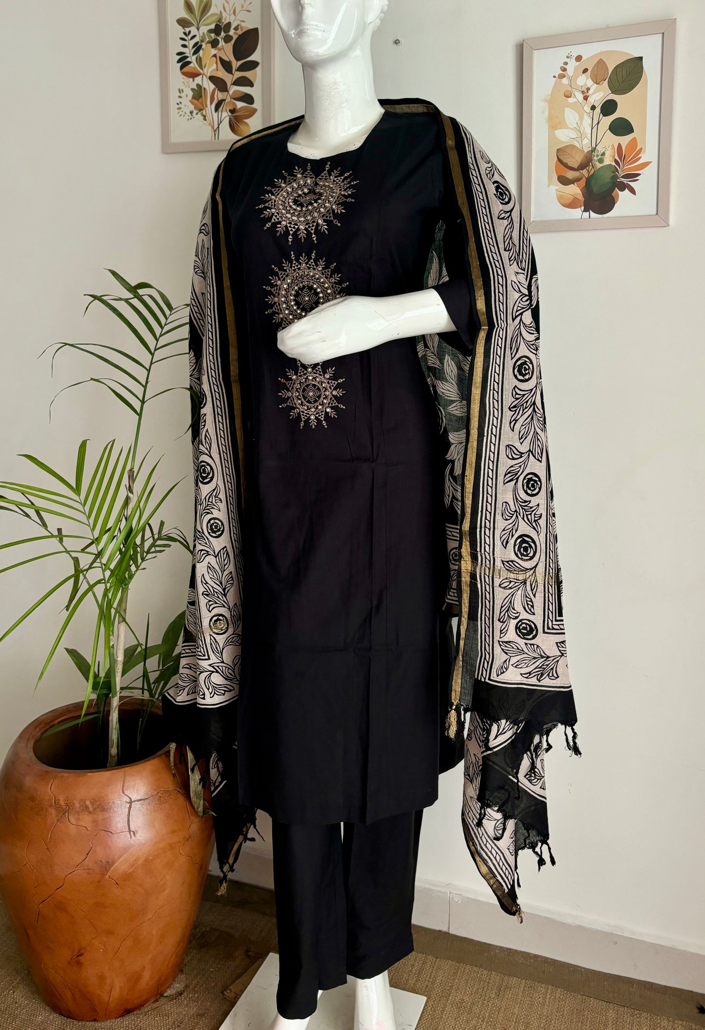 Black Handloom Cotton A-Line Kurta Set with Kalamkari Dupatta