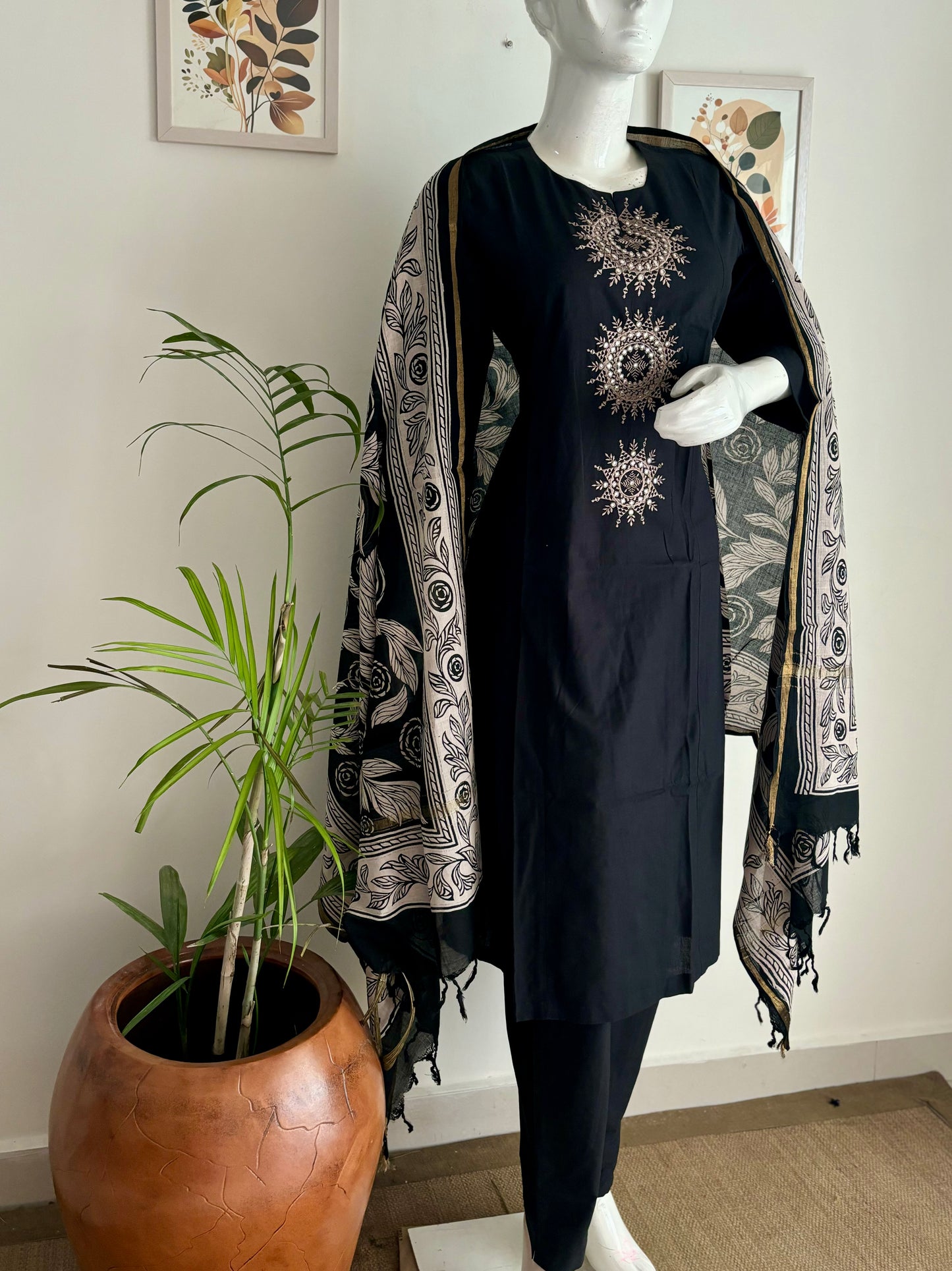 Black Handloom Cotton A-Line Kurta Set with Kalamkari Dupatta