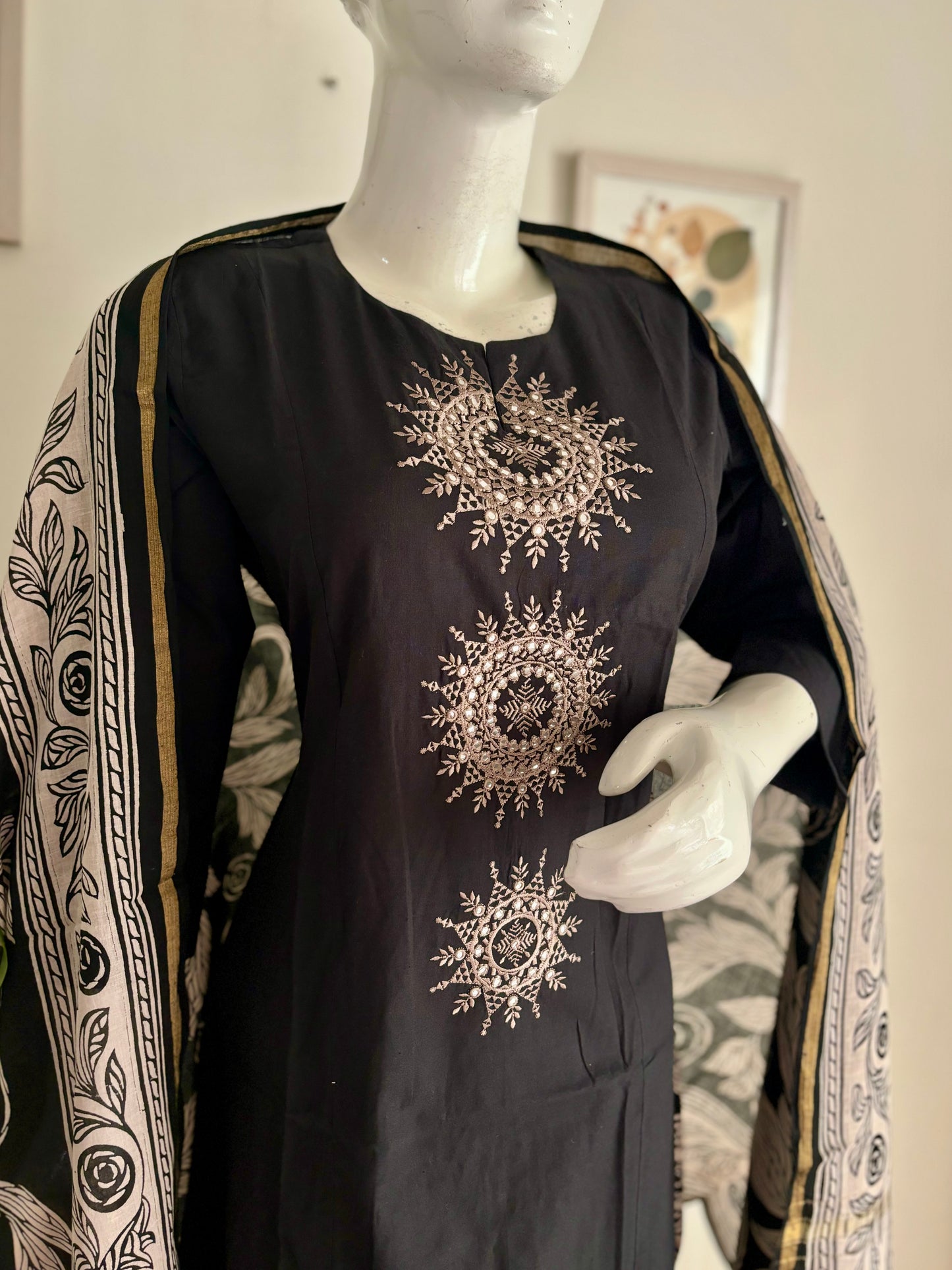 Black Handloom Cotton A-Line Kurta Set with Kalamkari Dupatta