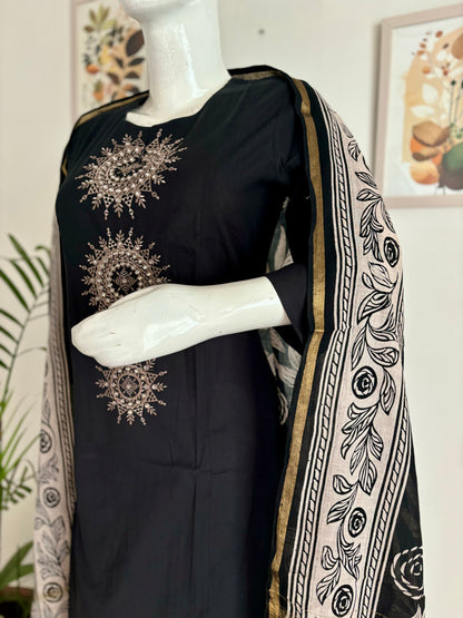 Black Handloom Cotton A-Line Kurta Set with Kalamkari Dupatta