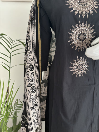 Black Handloom Cotton A-Line Kurta Set with Kalamkari Dupatta