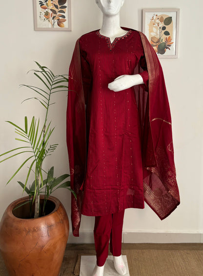 Silk A-Line Kurta Set with Banarsi Weaving and Mirror Work