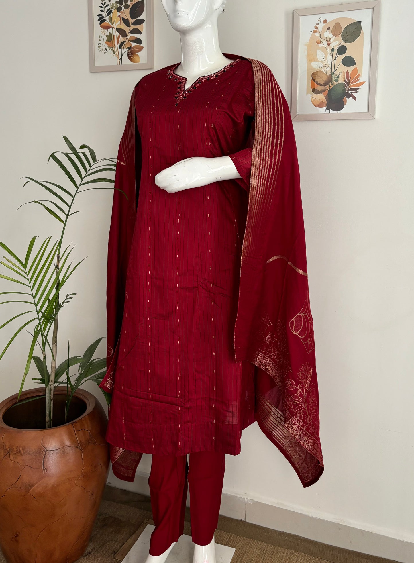 Silk A-Line Kurta Set with Banarsi Weaving and Mirror Work