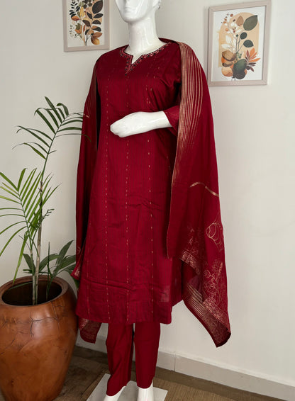 Silk A-Line Kurta Set with Banarsi Weaving and Mirror Work