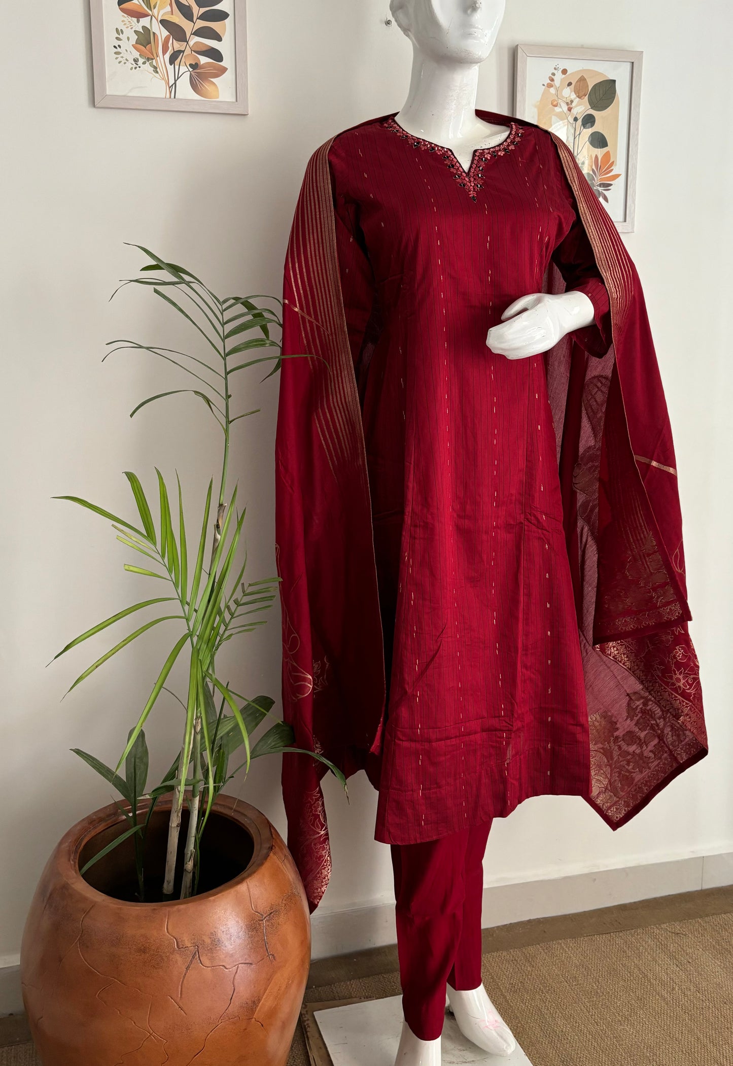 Silk A-Line Kurta Set with Banarsi Weaving and Mirror Work