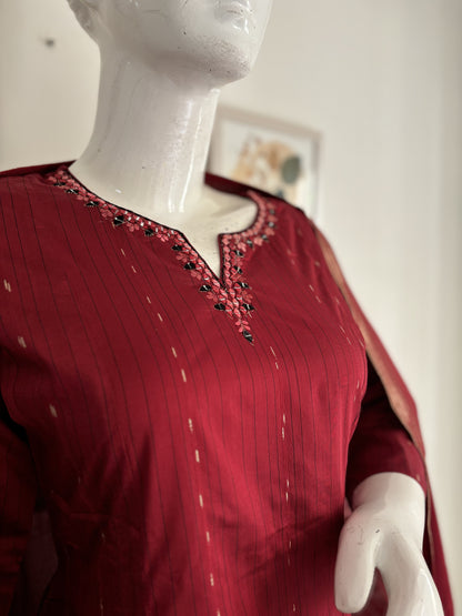 Silk A-Line Kurta Set with Banarsi Weaving and Mirror Work