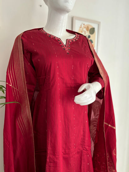 Silk A-Line Kurta Set with Banarsi Weaving and Mirror Work